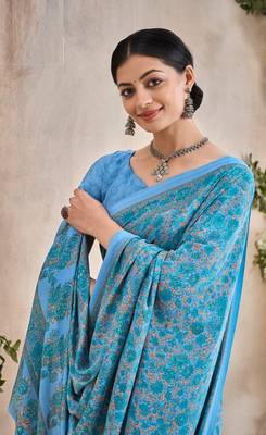 Blue Floral Crepe Silk Printed Saree,Sari Comes With Blouse 4