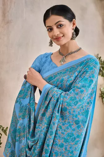 Blue Floral Crepe Silk Printed Saree,Sari Comes With Blouse