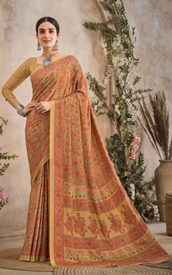 Cream,Red Floral Crepe Silk Printed Saree,Sari Comes With Blouse 1