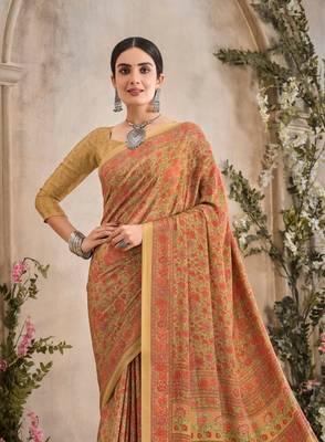 Cream,Red Floral Crepe Silk Printed Saree,Sari Comes With Blouse 2