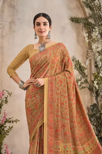 Cream,Red Floral Crepe Silk Printed Saree,Sari Comes With Blouse