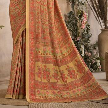Cream,Red Floral Crepe Silk Printed Saree,Sari Comes With Blouse 3