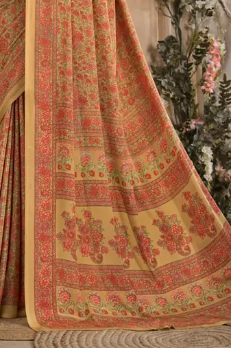 Cream,Red Floral Crepe Silk Printed Saree,Sari Comes With Blouse