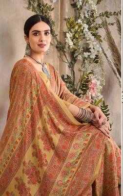Cream,Red Floral Crepe Silk Printed Saree,Sari Comes With Blouse 4