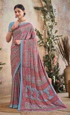 Red,Grey Floral Crepe Silk Printed Saree,Sari Comes With Blouse 1