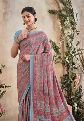 Red,Grey Floral Crepe Silk Printed Saree,Sari Comes With Blouse 2