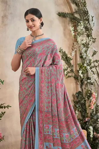 Red,Grey Floral Crepe Silk Printed Saree,Sari Comes With Blouse