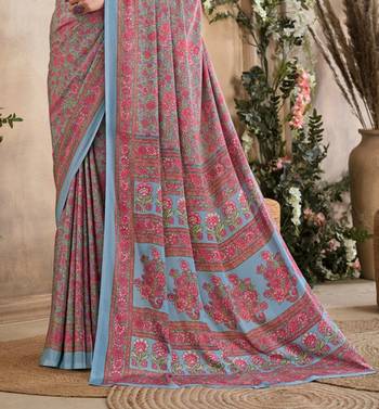 Red,Grey Floral Crepe Silk Printed Saree,Sari Comes With Blouse 3
