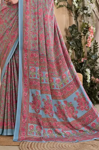 Red,Grey Floral Crepe Silk Printed Saree,Sari Comes With Blouse