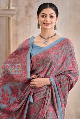 Red,Grey Floral Crepe Silk Printed Saree,Sari Comes With Blouse 4