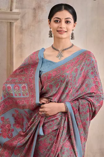 Red,Grey Floral Crepe Silk Printed Saree,Sari Comes With Blouse