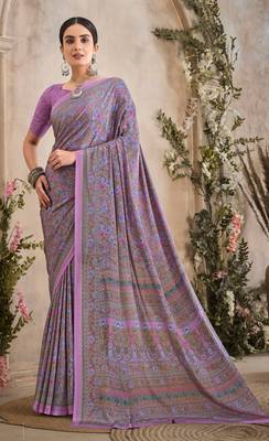 Lavender Floral Crepe Silk Printed Saree,Sari Comes With Blouse 1