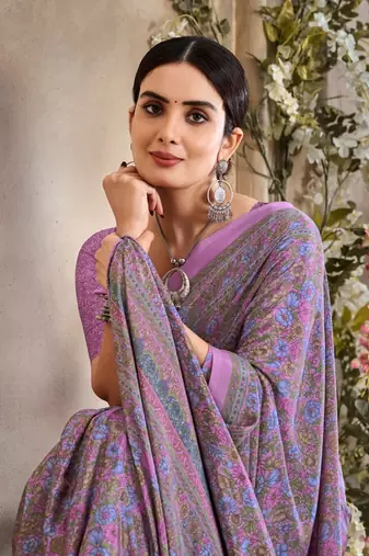 Lavender Floral Crepe Silk Printed Saree,Sari Comes With Blouse