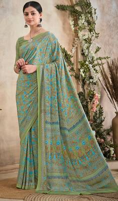 Pista Green,Blue Floral Crepe Silk Printed Saree,Sari Comes With Blouse 1
