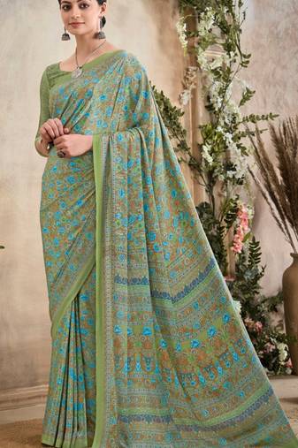 Pista Green,Blue Floral Crepe Silk Printed Saree,Sari Comes With Blouse