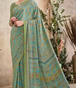 Pista Green,Blue Floral Crepe Silk Printed Saree,Sari Comes With Blouse