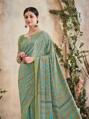 Pista Green,Blue Floral Crepe Silk Printed Saree,Sari Comes With Blouse 2