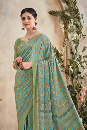 Pista Green,Blue Floral Crepe Silk Printed Saree,Sari Comes With Blouse