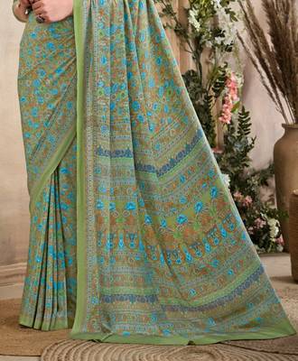 Pista Green,Blue Floral Crepe Silk Printed Saree,Sari Comes With Blouse 3