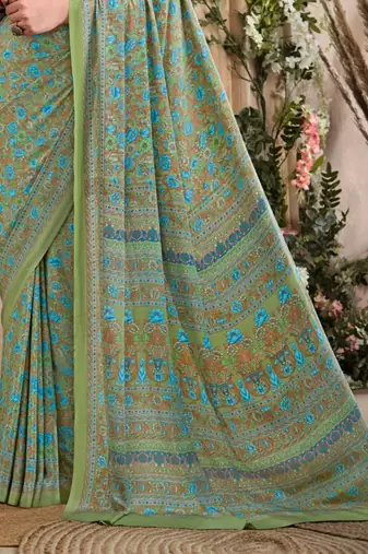 Pista Green,Blue Floral Crepe Silk Printed Saree,Sari Comes With Blouse