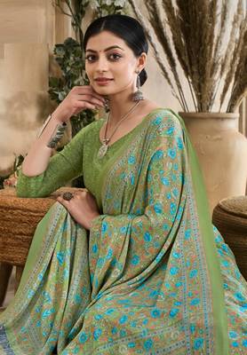 Pista Green,Blue Floral Crepe Silk Printed Saree,Sari Comes With Blouse 4