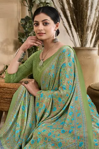 Pista Green,Blue Floral Crepe Silk Printed Saree,Sari Comes With Blouse