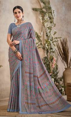 Grey,Pink Floral Crepe Silk Printed Saree,Sari Comes With Blouse 1