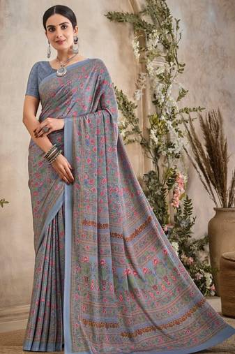 Grey,Pink Floral Crepe Silk Printed Saree,Sari Comes With Blouse