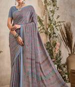 Grey,Pink Floral Crepe Silk Printed Saree,Sari Comes With Blouse
