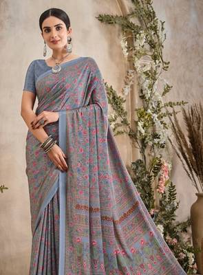 Grey,Pink Floral Crepe Silk Printed Saree,Sari Comes With Blouse 2