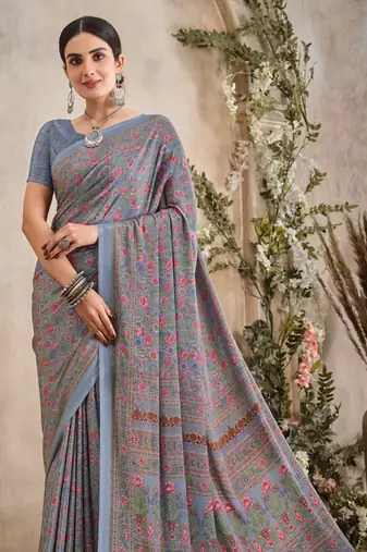 Grey,Pink Floral Crepe Silk Printed Saree,Sari Comes With Blouse