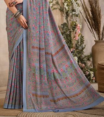 Grey,Pink Floral Crepe Silk Printed Saree,Sari Comes With Blouse 3