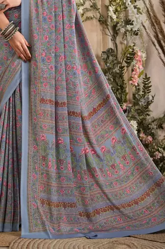 Grey,Pink Floral Crepe Silk Printed Saree,Sari Comes With Blouse