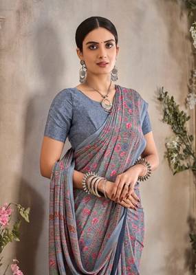 Grey,Pink Floral Crepe Silk Printed Saree,Sari Comes With Blouse 4