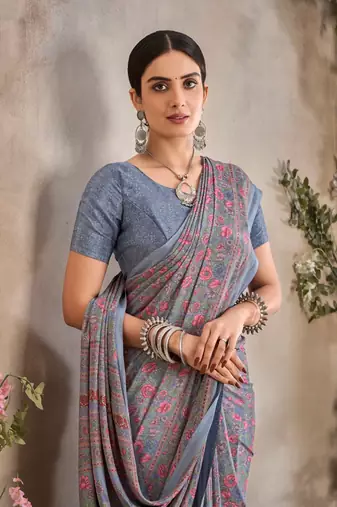 Grey,Pink Floral Crepe Silk Printed Saree,Sari Comes With Blouse