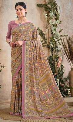 Mauve,Mustard Floral Crepe Silk Printed Saree,Sari Comes With Blouse 1