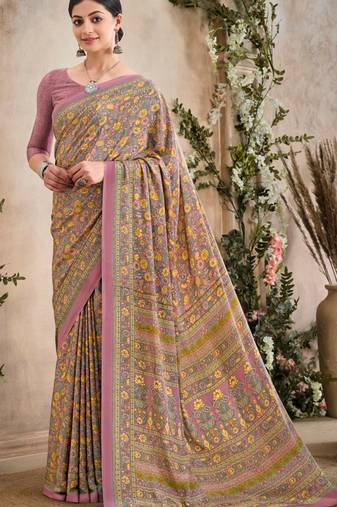 Mauve,Mustard Floral Crepe Silk Printed Saree,Sari Comes With Blouse
