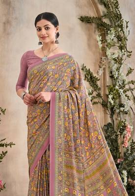 Mauve,Mustard Floral Crepe Silk Printed Saree,Sari Comes With Blouse 2