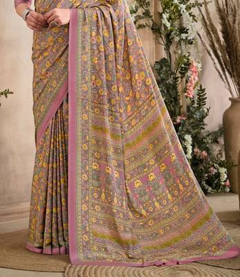 Mauve,Mustard Floral Crepe Silk Printed Saree,Sari Comes With Blouse 3