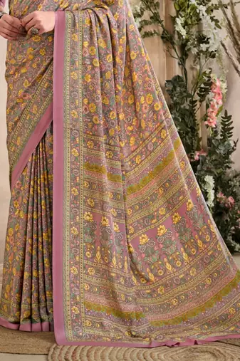 Mauve,Mustard Floral Crepe Silk Printed Saree,Sari Comes With Blouse