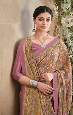 Mauve,Mustard Floral Crepe Silk Printed Saree,Sari Comes With Blouse 4
