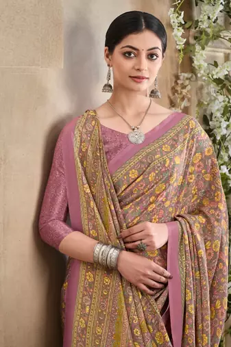 Mauve,Mustard Floral Crepe Silk Printed Saree,Sari Comes With Blouse