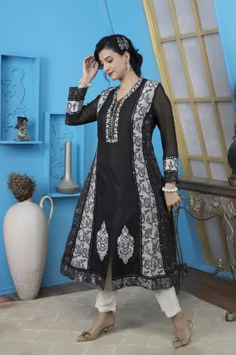 Black art silk embroidered anarkali kurta &