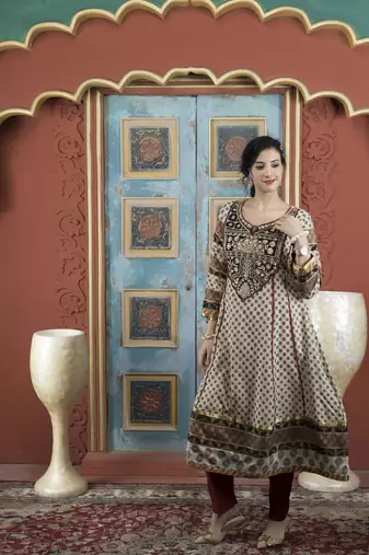 Beige silk embroidered anarkali kurta &