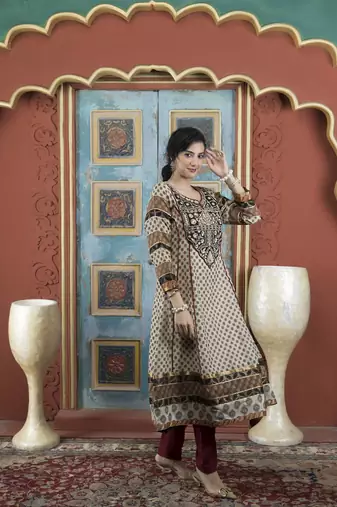 Beige silk embroidered anarkali kurta &