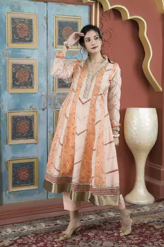 Peach silk embroidered anarkali kurta &