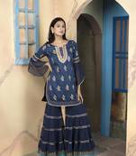 Navy-blue silk embroidered straight cut kurta &