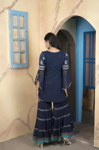 Navy-blue silk embroidered straight cut kurta &
