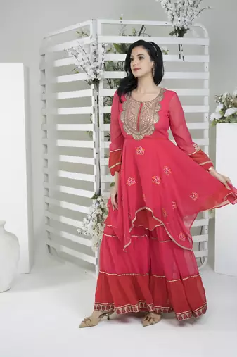 Pink georgette embroidered asymmetrical kurta &