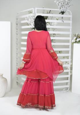 Pink georgette embroidered asymmetrical kurta & 6